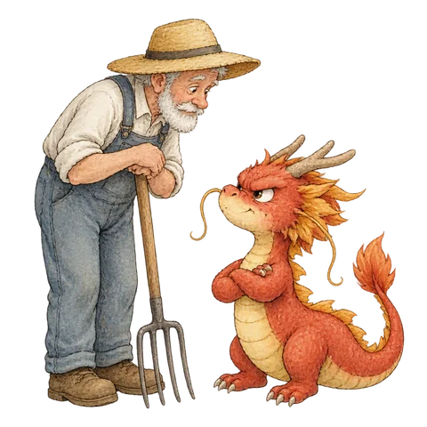 An elderly farmer facing a small grumpy Chinese dragon