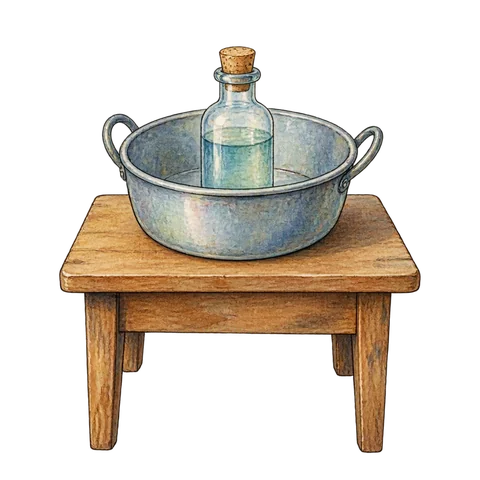 A small bottle inside a metal basin on a table