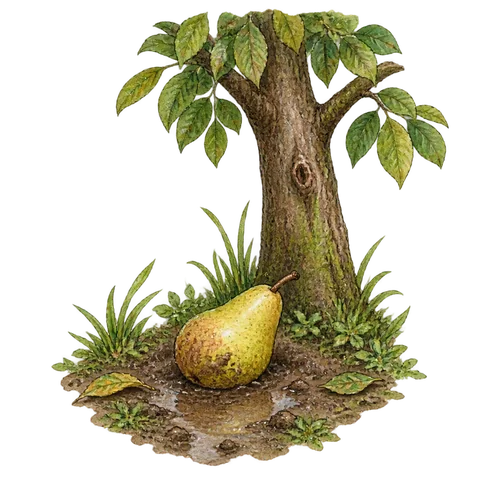 A pear lying in a small patch of mud below a tree