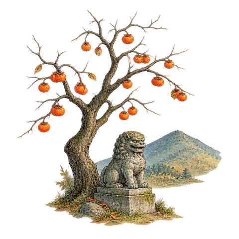 A bare persimmon tree beside a stone lion and a distant hill