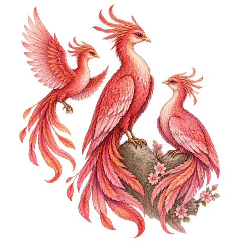 Three fanciful phoenix birds in red and pink