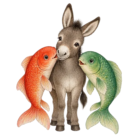 A red carp and green carp beside a small donkey