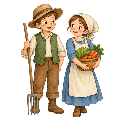 Two cheerful villagers with round eyes