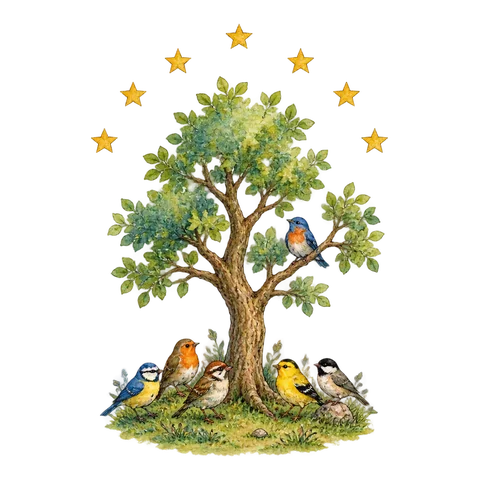 A tree with small birds beneath seven stars