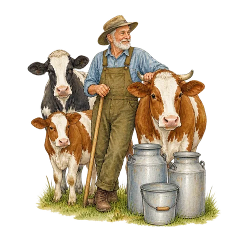 An older farmer beside several cows and oil containers