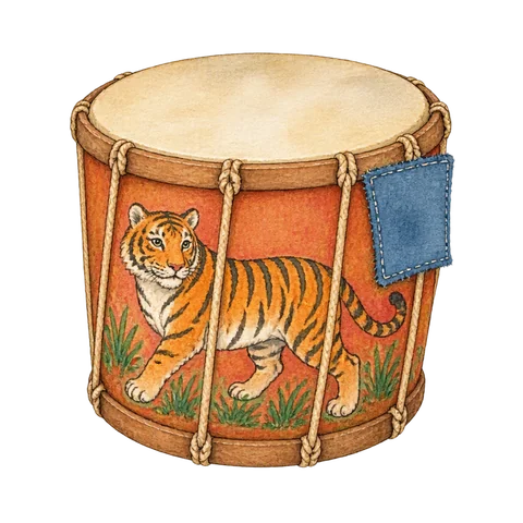A drum with a painted tiger and a cloth patch