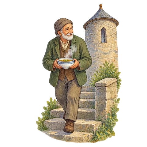 An older man carrying a steaming bowl beside tower steps