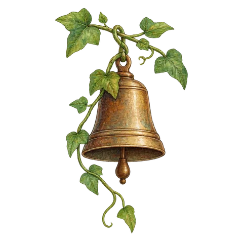 A bronze bell hanging from a green vine