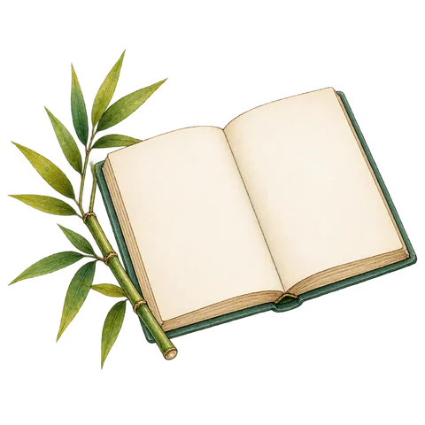 An open notebook beside a bamboo sprig.