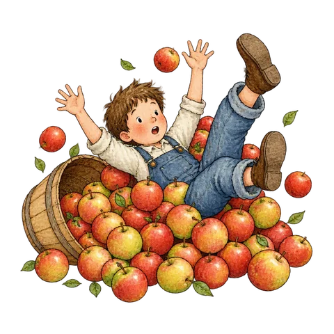 A person falling among apples.