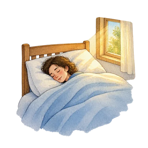 An adult sleeping under a blanket as morning sunlight reaches the pillow.