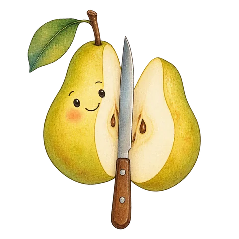 A pear cut into two pieces.