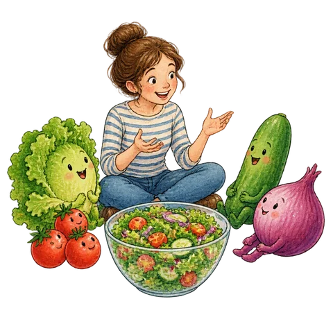 Salads in a playful scene about telling tall tales.