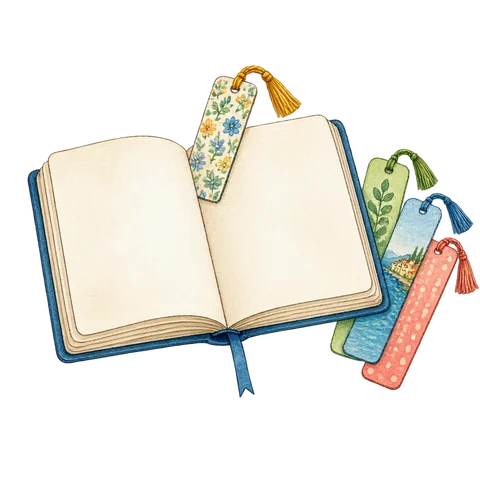 An open blank notebook with a small selection of colorful bookmarks, representing useful French expressions