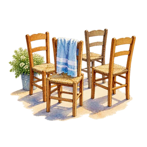 A small group of wooden chairs drying in sunlight