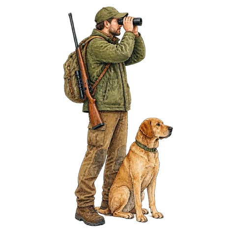 A hunter with binoculars beside a calm dog