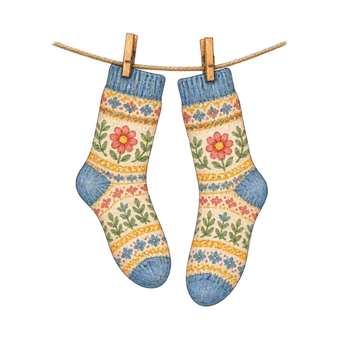 A pair of ornate socks drying on a line