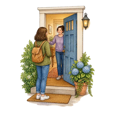 A visitor standing at a welcoming doorway