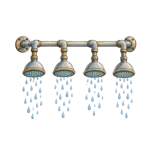 A row of small shower heads with gentle water drops