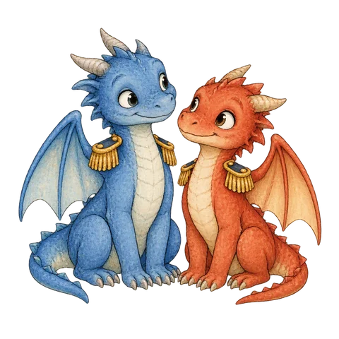 Two small friendly dragons wearing plain officer epaulettes