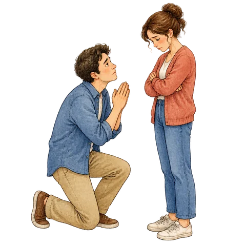 Two people exchanging an apologetic gesture