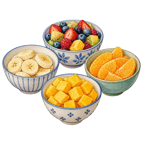 Four small bowls containing fruit prepared in different ways