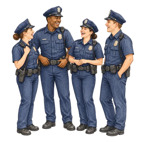 A group of friendly uniformed officers laughing