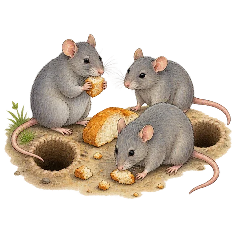Three grey rats beside round holes and bread crusts