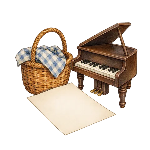 A sheet of blank paper beside a woven basket and a small piano