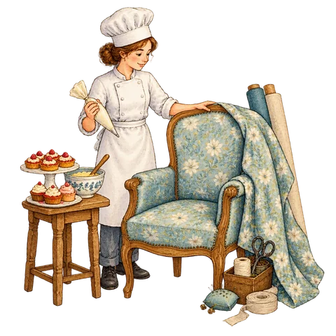 A pastry cook beside an upholsterer’s chair and fabric