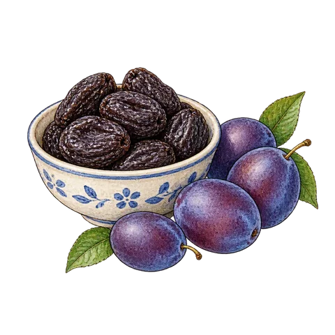 A small dish of cooked prunes beside fresh prunes