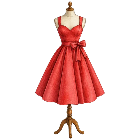 A red dress on a dressmaker’s mannequin