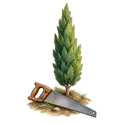 A saw beside a small cypress tree