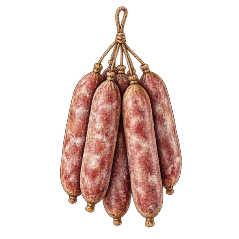 Six dry sausages tied together