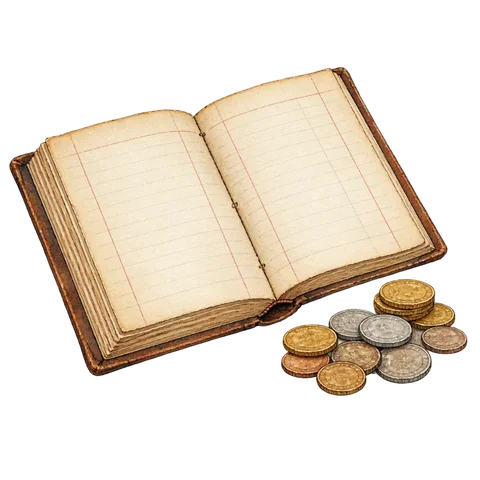 An old ledger with blank pages beside coins
