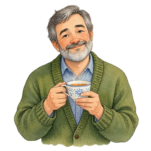 A kindly uncle holding a warm cup of tea
