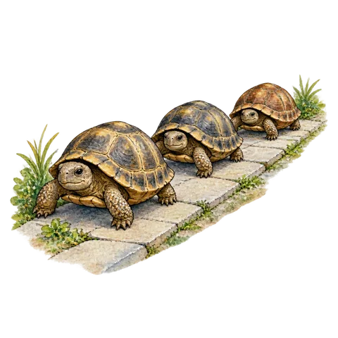 Three tortoises on a narrow pavement
