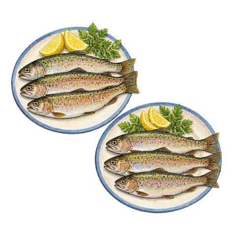 Two plates each holding three small trout