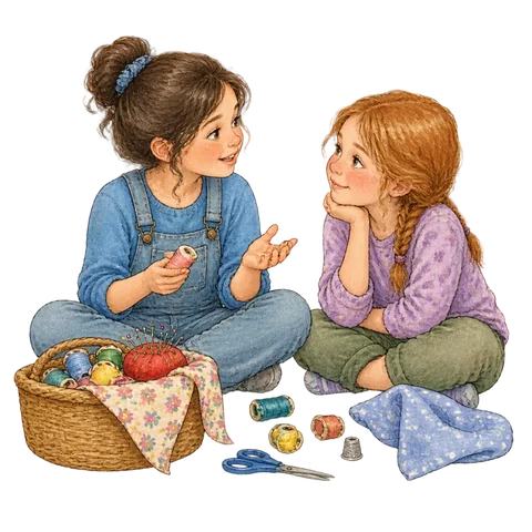 Two cousins talking beside sewing supplies