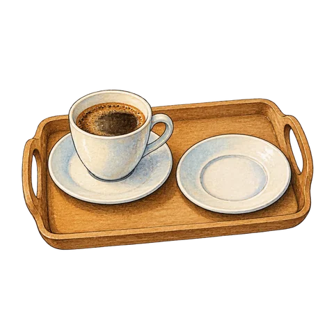 A café tray holding a cup of coffee and an empty small plate.