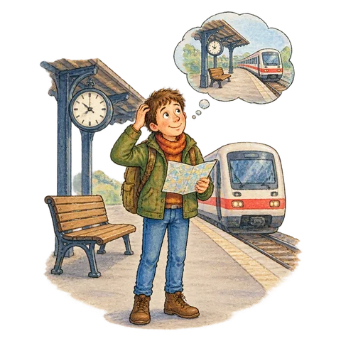 A train station in a playful scene about not understanding.