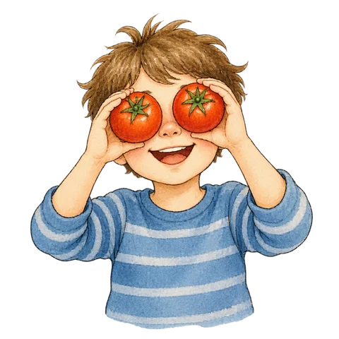 Tomatoes covering a person’s eyes.