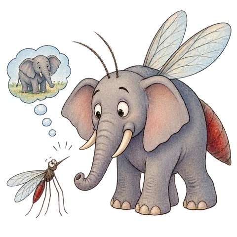 A tiny mosquito contrasted with an elephant.