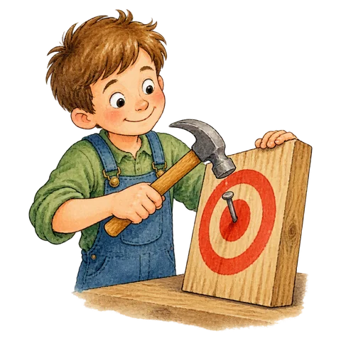 A hammer striking a nail on its head.