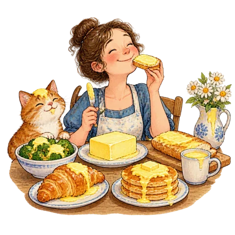 A playful scene of things surrounded by butter.