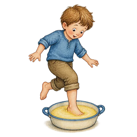 A foot stepping into a small dish of fat.