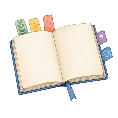 An open blank notebook with a small selection of colorful bookmarks, representing useful German expressions