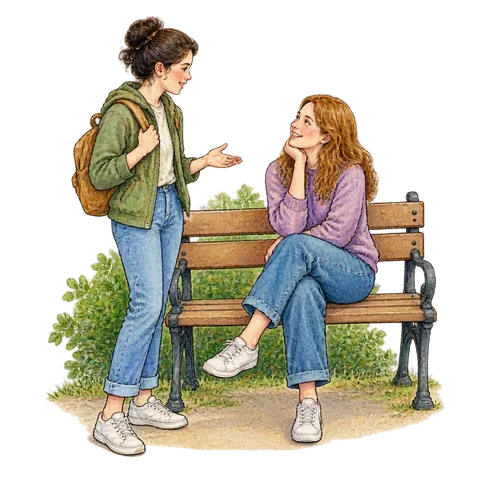 Two friends talking beside a park bench