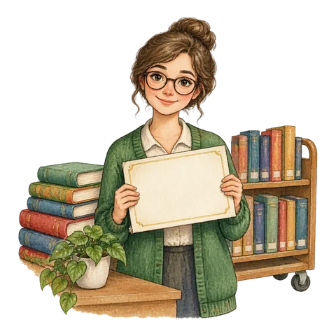 A librarian holding a blank diploma beside books