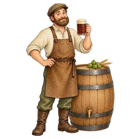 A brewer beside a wooden barrel and brown beer